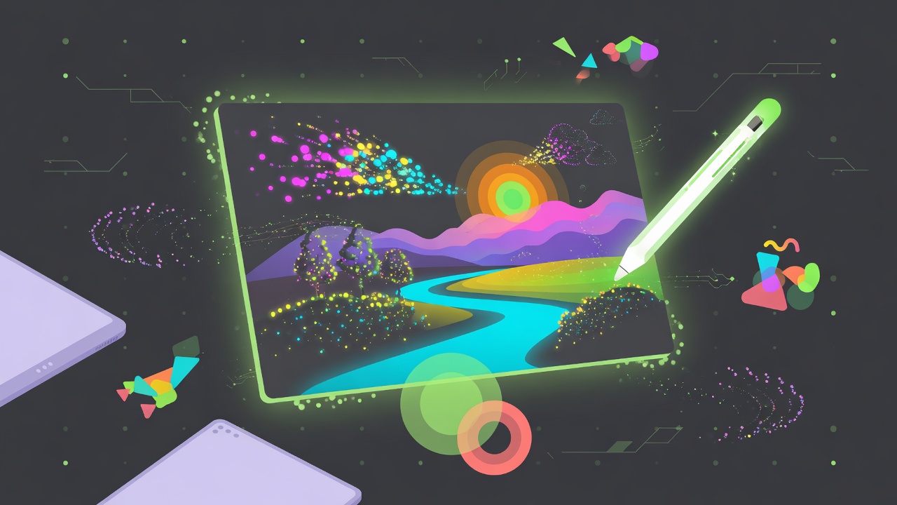 图像生成 AI 示意：画布上由光点汇聚成风景画面
